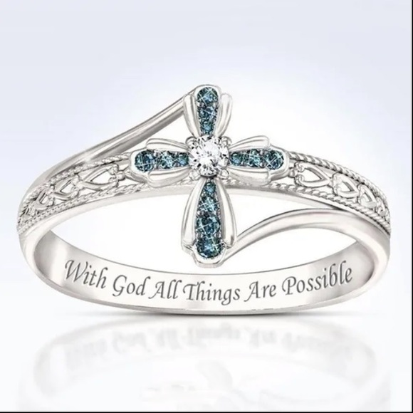 Hollow Cross Silver Crown Green Turquoise Gemstone Ring - Picture 3 of 3